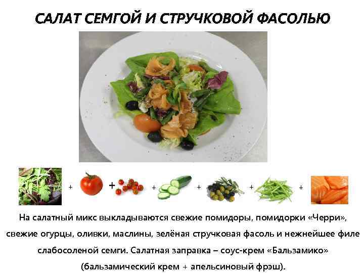 САЛАТ СЕМГОЙ И СТРУЧКОВОЙ ФАСОЛЬЮ + + + На салатный микс выкладываются свежие помидоры,
