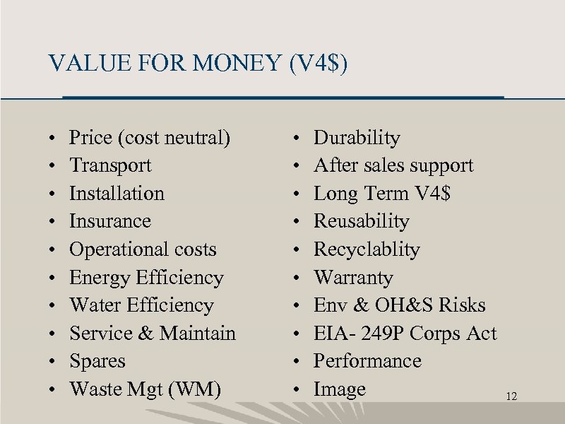 VALUE FOR MONEY (V 4$) • • • Price (cost neutral) Transport Installation Insurance