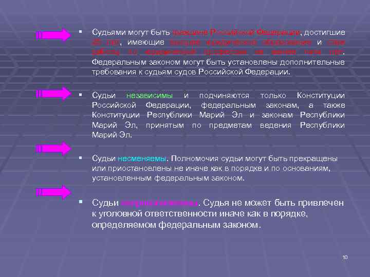 § Судьями могут быть граждане Российской Федерации, достигшие Федерации 25 лет, имеющие высшее юридическое