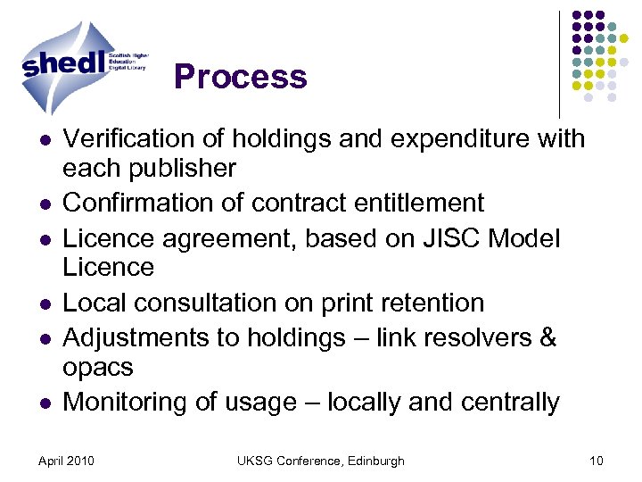 Process l l l Verification of holdings and expenditure with each publisher Confirmation of
