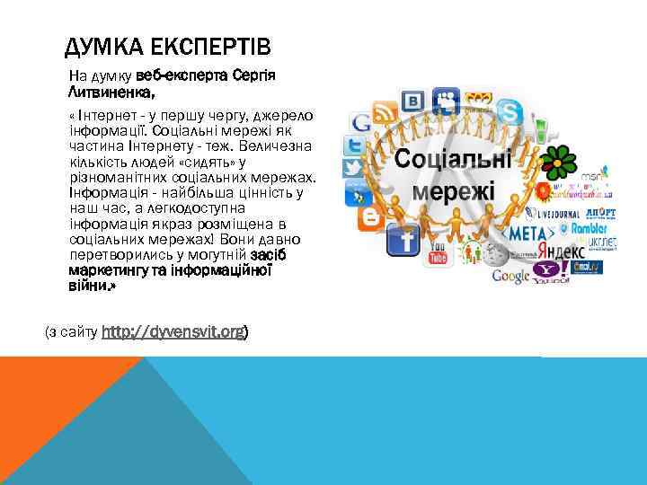 ДУМКА ЕКСПЕРТІВ На думку веб-експерта Сергія Литвиненка, « Інтернет - у першу чергу, джерело