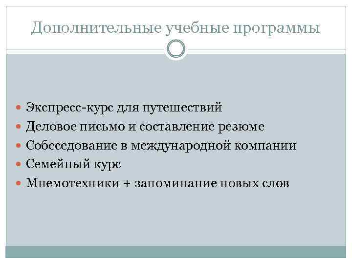 Дополнительные учебные программы Экспресс-курс для путешествий Деловое письмо и составление резюме Собеседование в международной