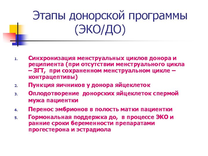 Этапы донорской программы (ЭКО/ДО) 1. 2. 3. 4. 5. Синхронизация менструальных циклов донора и