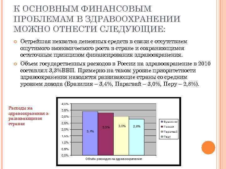 К ОСНОВНЫМ ФИНАНСОВЫМ ПРОБЛЕМАМ В ЗДРАВООХРАНЕНИИ МОЖНО ОТНЕСТИ СЛЕДУЮЩИЕ: Острейшая нехватка денежных средств в