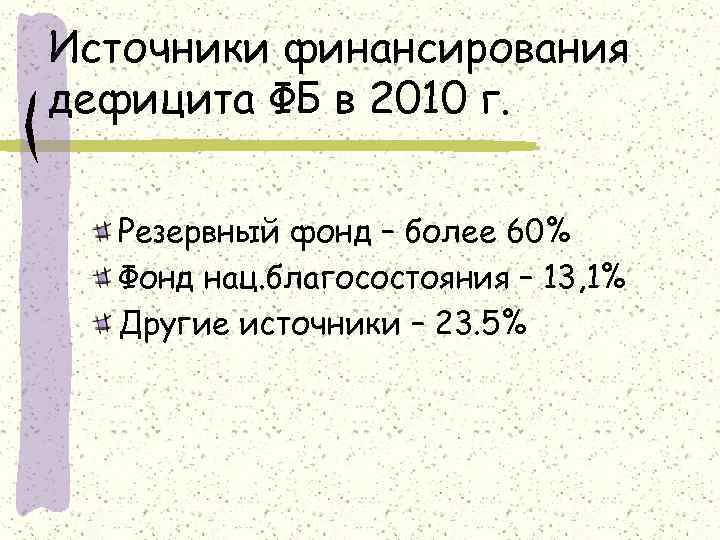 Источники финансирования дефицита ФБ в 2010 г. Резервный фонд – более 60% Фонд нац.