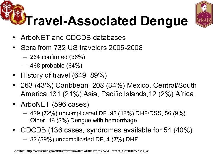 Travel-Associated Dengue • Arbo. NET and CDCDB databases • Sera from 732 US travelers