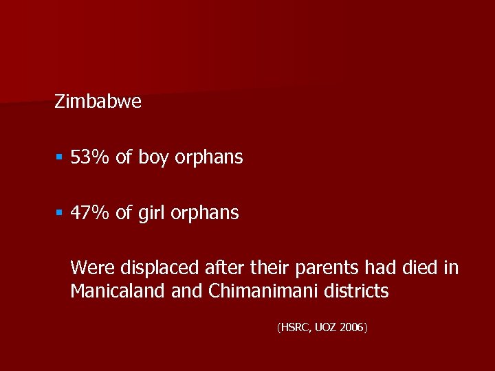 Zimbabwe § 53% of boy orphans § 47% of girl orphans Were displaced after