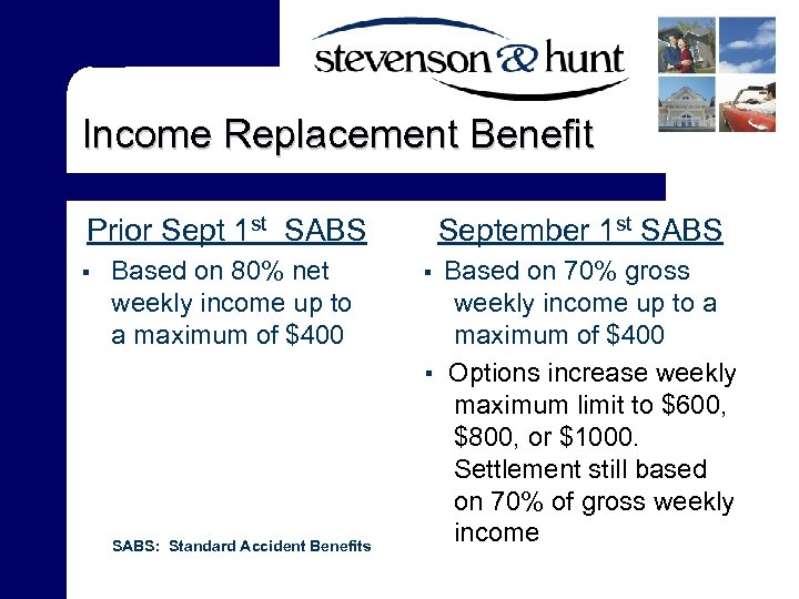 Income Replacement Benefit Prior Sept 1 st SABS § Based on 80% net weekly