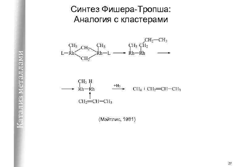Катализ металлами Синтез Фишера-Тропша: Аналогия с кластерами (Мэйтлис, 1981) 27 