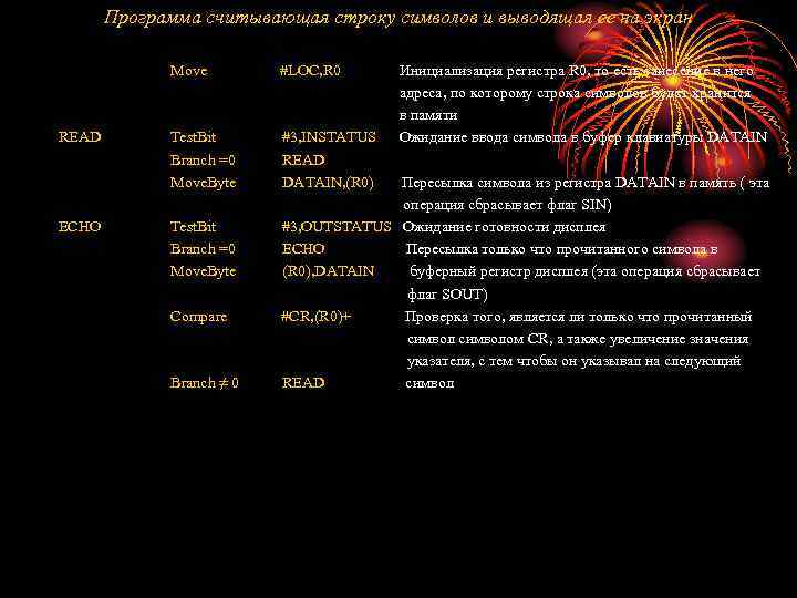 Программа считывающая строку символов и выводящая ее на экран Move READ ECHO #LOC, R