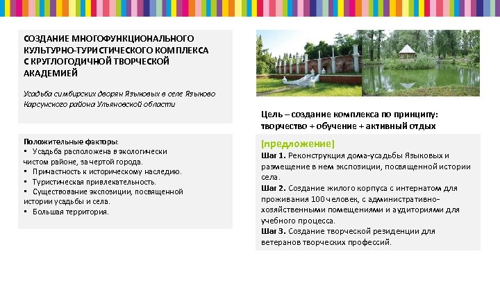 СОЗДАНИЕ МНОГОФУНКЦИОНАЛЬНОГО КУЛЬТУРНО-ТУРИСТИЧЕСКОГО КОМПЛЕКСА С КРУГЛОГОДИЧНОЙ ТВОРЧЕСКОЙ АКАДЕМИЕЙ Усадьба симбирских дворян Языковых в селе