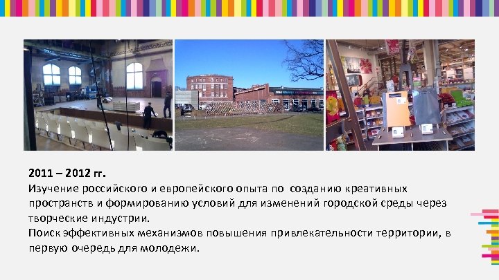 2011 – 2012 гг. Изучение российского и европейского опыта по созданию креативных пространств и