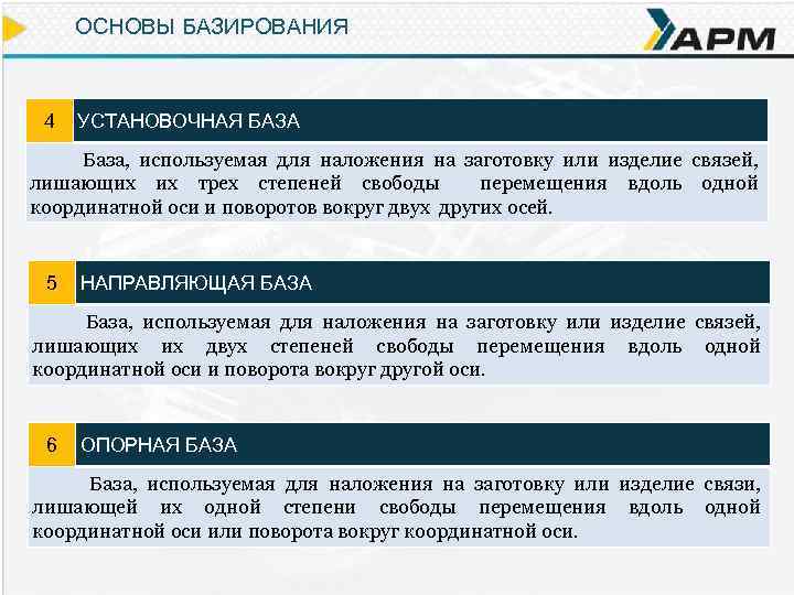 ОСНОВЫ БАЗИРОВАНИЯ 4 УСТАНОВОЧНАЯ БАЗА База, используемая для наложения на заготовку или изделие связей,