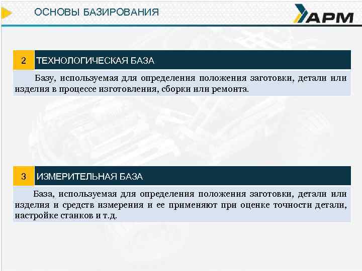 ОСНОВЫ БАЗИРОВАНИЯ 2 ТЕХНОЛОГИЧЕСКАЯ БАЗА Базу, используемая для определения положения заготовки, детали изделия в