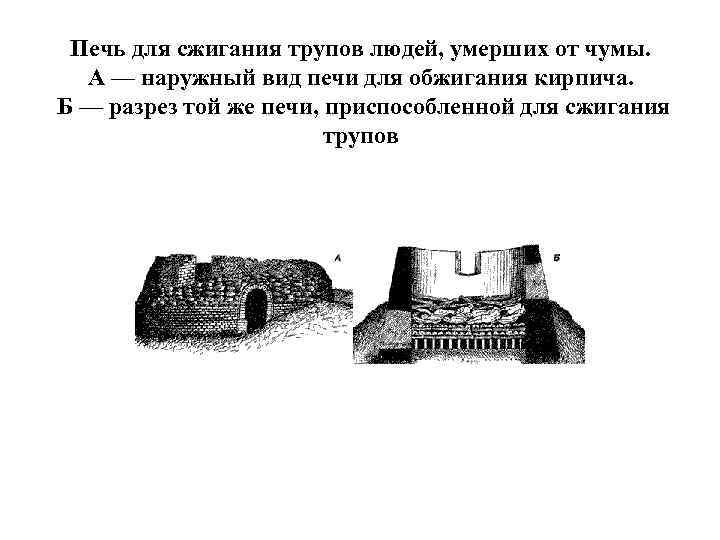 Печь для сжигания трупов людей, умерших от чумы. А — наружный вид печи для