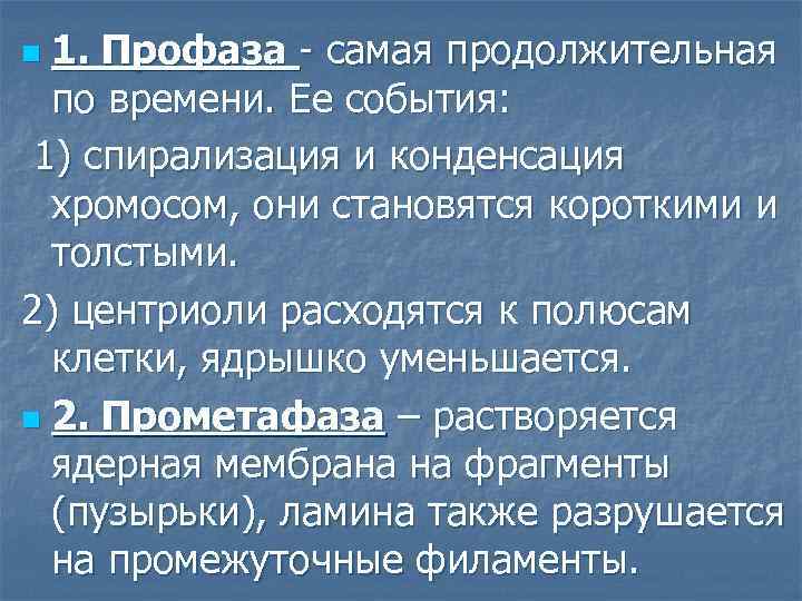 1. Профаза - самая продолжительная по времени. Ее события: 1) спирализация и конденсация хромосом,