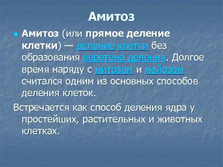 Амитоз (или прямое деление клетки) — деление клетки без образования веретена деления. Долгое время