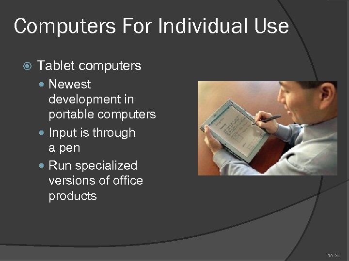 Computers For Individual Use Tablet computers Newest development in portable computers Input is through