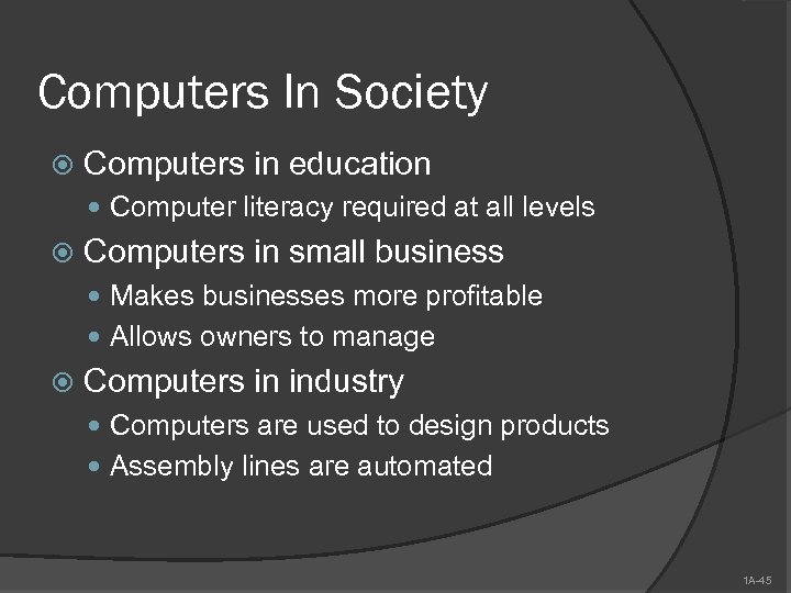 Computers In Society Computers in education Computer literacy required at all levels Computers in