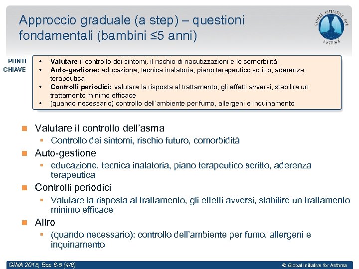 Approccio graduale (a step) – questioni fondamentali (bambini ≤ 5 anni) PUNTI CHIAVE •