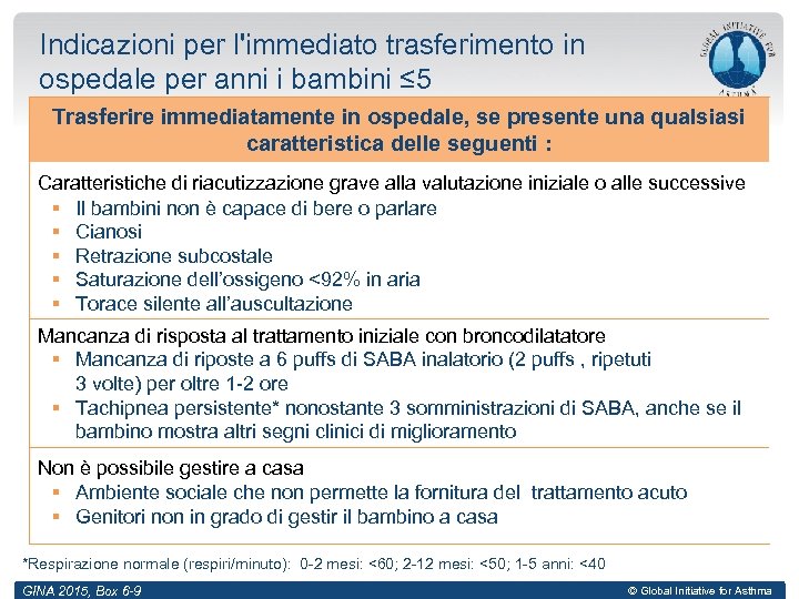 Indicazioni per l'immediato trasferimento in ospedale per anni i bambini ≤ 5 Trasferire immediatamente