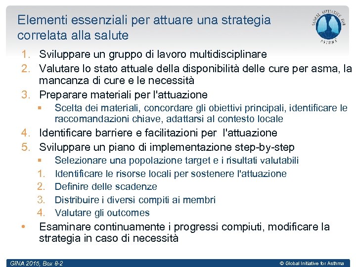 Elementi essenziali per attuare una strategia correlata alla salute 1. Sviluppare un gruppo di