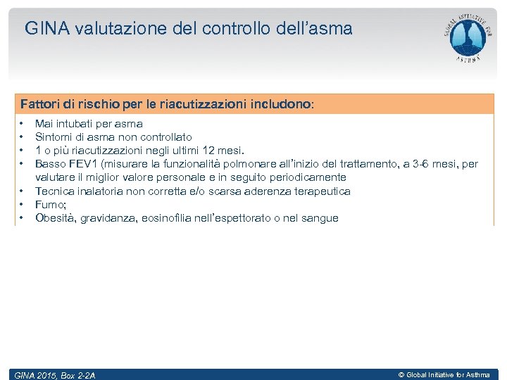 GINA valutazione del controllo dell’asma Fattori di rischio per le riacutizzazioni includono: • •