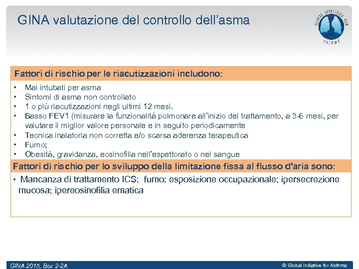 GINA valutazione del controllo dell’asma Fattori di rischio per le riacutizzazioni includono: • •