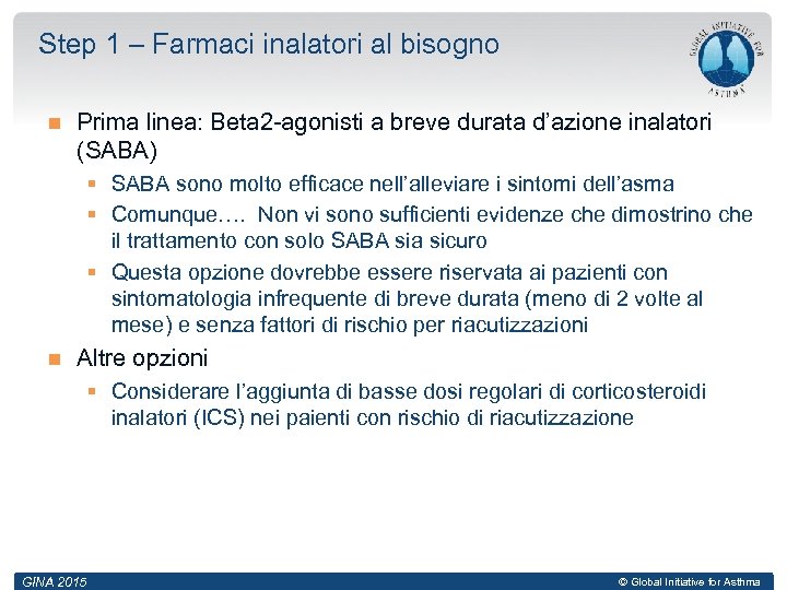 Step 1 – Farmaci inalatori al bisogno Prima linea: Beta 2 -agonisti a breve