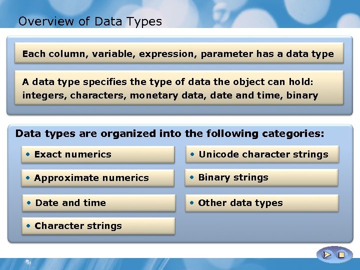 Overview of Data Types Each column, variable, expression, parameter has a data type A