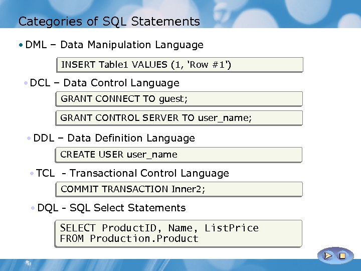 Categories of SQL Statements • DML – Data Manipulation Language INSERT Table 1 VALUES