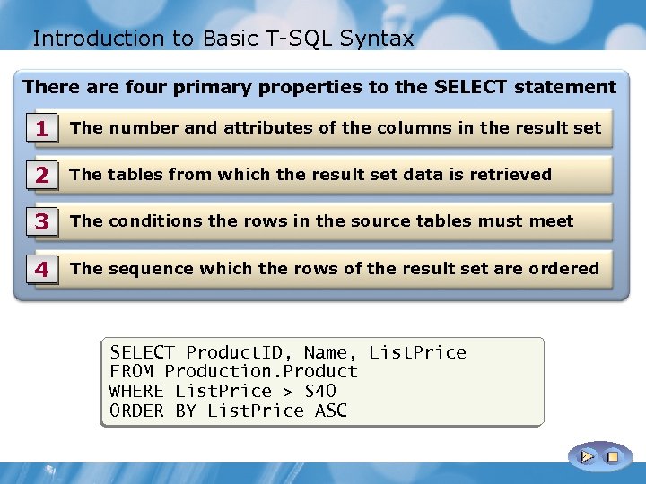 Introduction to Basic T-SQL Syntax There are four primary properties to the SELECT statement