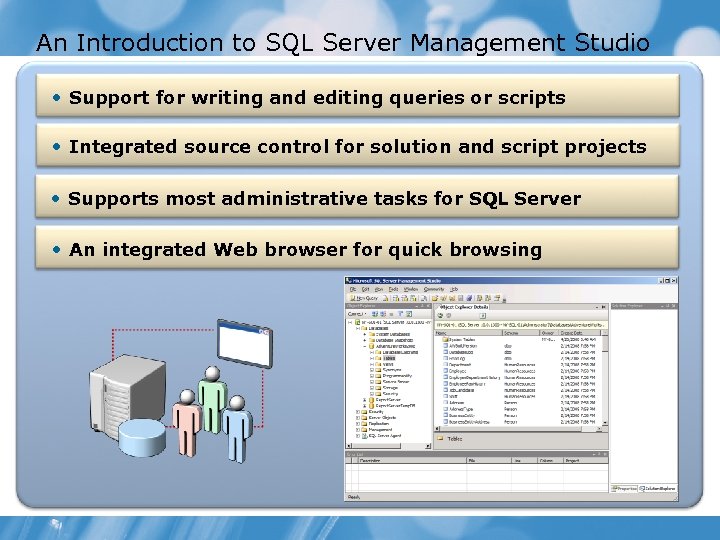 An Introduction to SQL Server Management Studio • Support for writing and editing queries