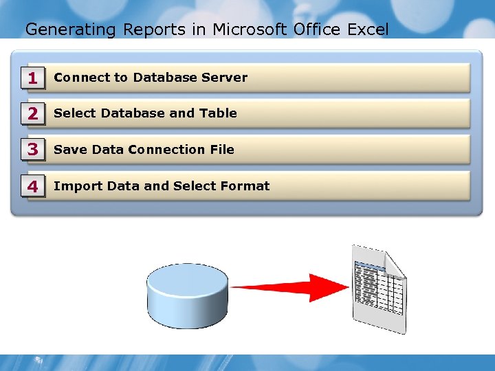 Generating Reports in Microsoft Office Excel 1 Connect to Database Server 2 Select Database