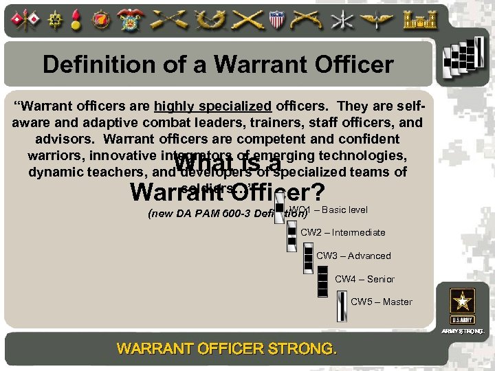 Definition of a Warrant Officer “Warrant officers are highly specialized officers. They are selfaware