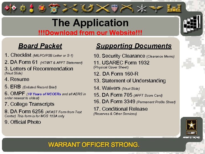 The Application !!!Download from our Website!!! Board Packet 1. Checklist (MILPO/PSB Letter or S-1)