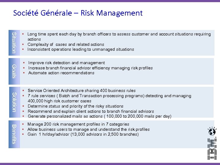 Société Générale – Risk Management Situation Goals Solution Benefits 21 § Long time spent