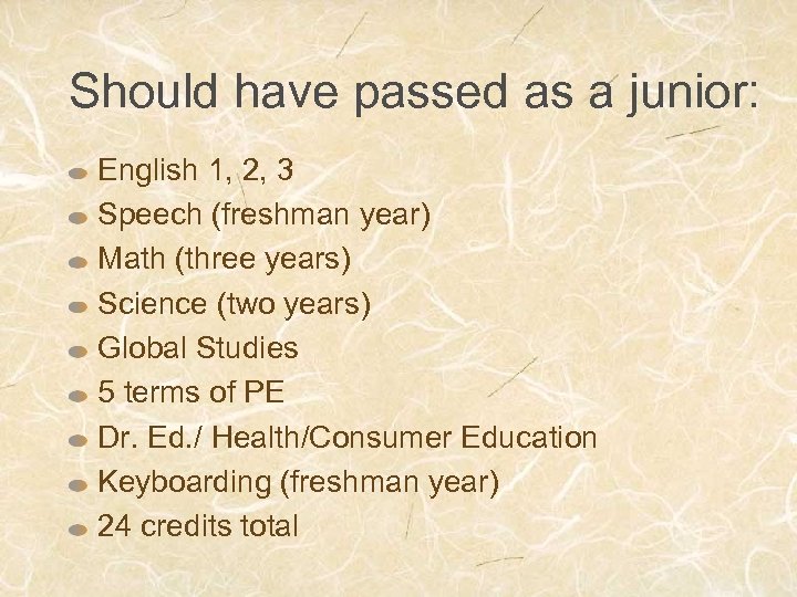 Should have passed as a junior: English 1, 2, 3 Speech (freshman year) Math