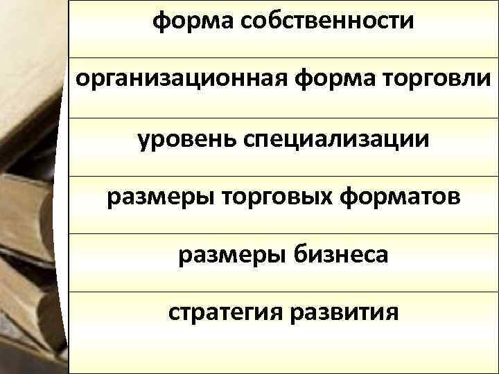 форма собственности организационная форма торговли уровень специализации размеры торговых форматов размеры бизнеса стратегия развития