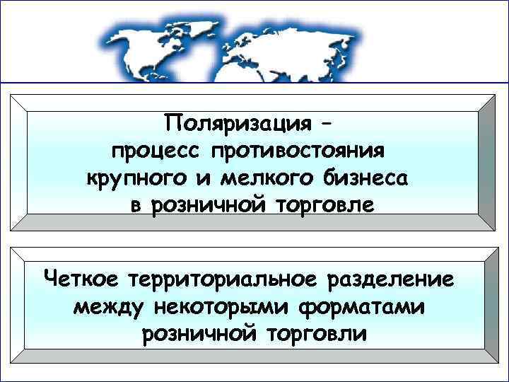Поляризация – процесс противостояния крупного и мелкого бизнеса в розничной торговле Четкое территориальное разделение