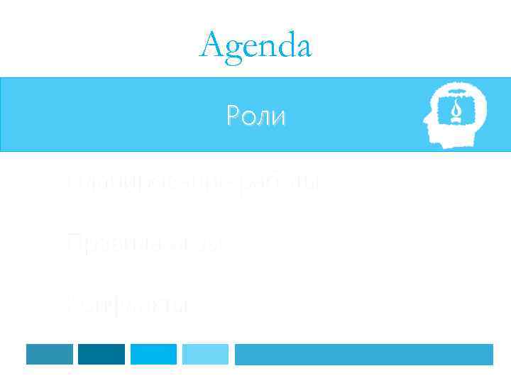 Agenda Роли Планирование работы Правила игры Конфликты 