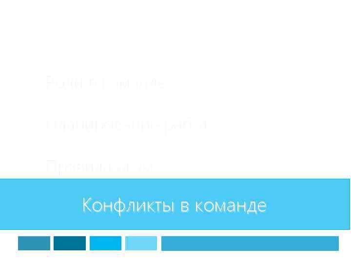 Роли в команде Планирование работ Правила игры Конфликты в команде 
