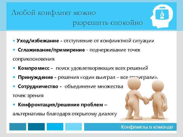 Любой конфликт можно разрешить спокойно § Уход/избежание - отступление от конфликтной ситуации § Сглаживание/примирение