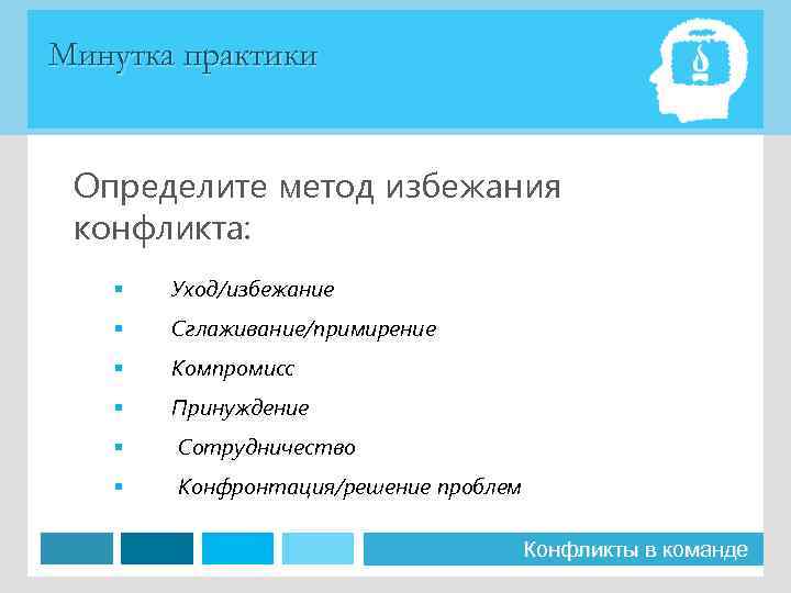 Минутка практики Определите метод избежания конфликта: § Уход/избежание § Сглаживание/примирение § Компромисс § Принуждение