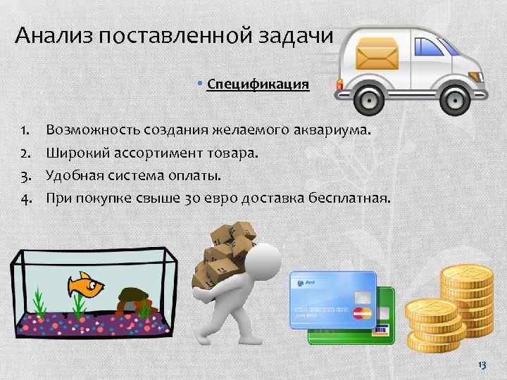 Анализ поставленной задачи • Спецификация 1. 2. 3. 4. Возможность создания желаемого аквариума. Широкий