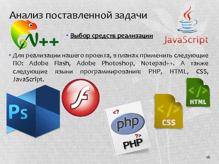 Анализ поставленной задачи • Выбор средств реализации • Для реализации нашего проекта, в планах