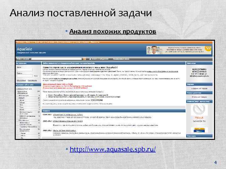 Анализ поставленной задачи • Анализ похожих продуктов • http: //www. aquasale. spb. ru/ 4