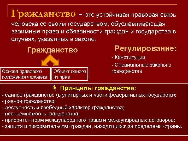 Гражданство - это устойчивая правовая связь человека со своим государством, обуславливающая взаимные права и