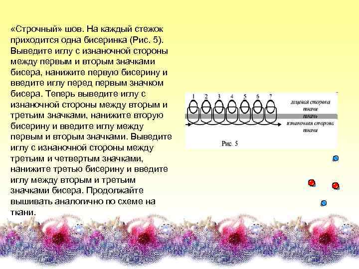  «Строчный» шов. На каждый стежок приходится одна бисеринка (Рис. 5). Выведите иглу с