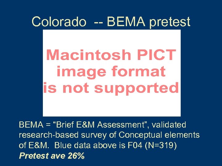 Colorado -- BEMA pretest BEMA = “Brief E&M Assessment”, validated research-based survey of Conceptual